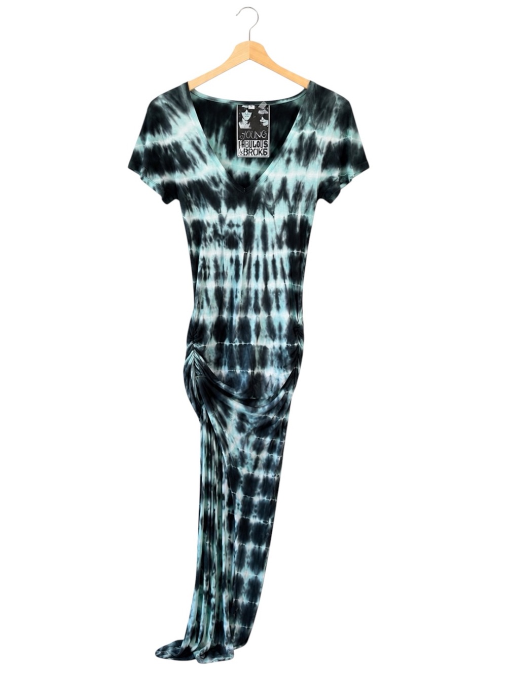 Young Fabulous & Broke Tie Dye Maxi Dress Ruched Modal Blue Black Boho Size L